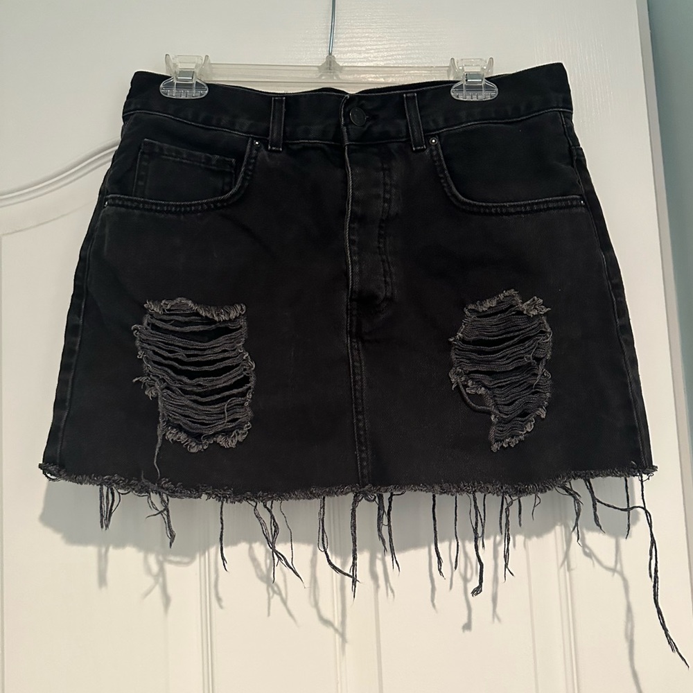 Forever 21 Black Distressed High Waisted Denim Mini Skirt